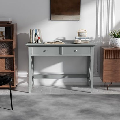 Lewahom Computer Desk with 2 Drawers, Elegant Home Office Writing Study Desk with Storage, Modern Simple Vanity Desk Console Table for Living Room, Grey - color: Grey