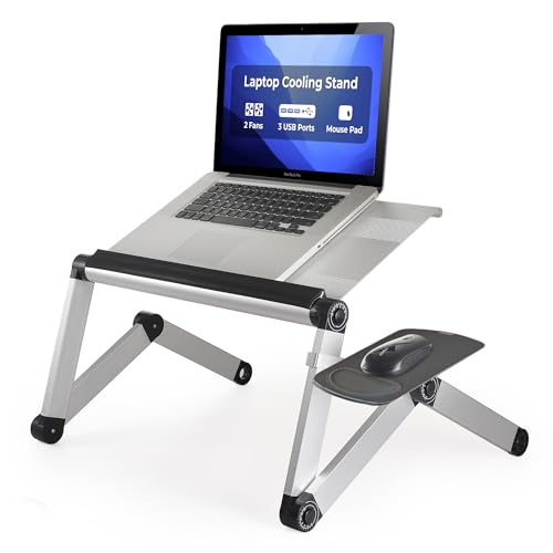 WorkEZ Cooling Adjustable Laptop Stand for Desk w/Fan USB Ports Mouse Pad Ergonomic Foldable Laptop Stand Riser Portable Computer Holder, Silver | WorkEZ Cool. Adjustable computer stand for laptop and foldable laptop table for bed or sofa, holds up to 15.