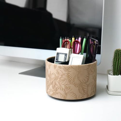 Round Leather Art Supply Organizer,Remote Control Holder,360 Degree Spinning,Multi-Functional Pencil Holder,4 Compartments Desktop Stationary Organizer(1-Carved Light Brown) - color: 1-Carved Light Brown