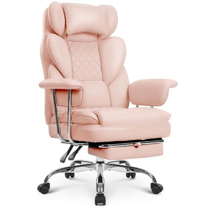 NEO CHAIR Big & Tall Leather Office Chair, High Back, Lumbar Support, Pink | Gaming Chair for Adults and Computer Use, Reclining Office Chair with Foot Rest, Massage, Comfy Design and Heavy Duty Support - color: Pink