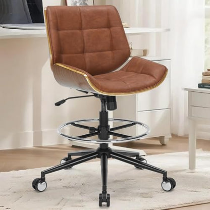 Drafting Office Chair Ergonomic Executive Computer Standing Desk Chair with Adjustable Height and Footrest Ring, Drafting Chair for Counter Height Desk and Drawing (Brown) - color: Brown