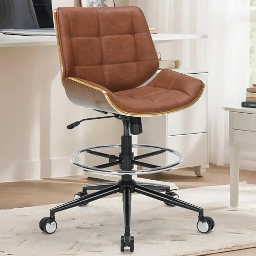 Drafting Office Chair Ergonomic Executive Computer Standing Desk Chair with Adjustable Height and Footrest Ring, Drafting Chair for Counter Height Desk and Drawing (Brown) - color: Brown