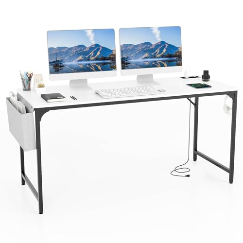 COSTWAY Home Office Desk, 32 Inch Computer Desk with Recessed Power Strip, Storage Bag & Headphone Hook, Wide Desktop, Modern Computer Workstation Writing Table for Home, Office (White + Black) - color: White + Black