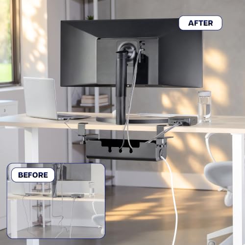 VIVO No Drill 19 inch Clamp-On Under Desk Cable Management Box with Flip-Open Lid, Easy-to-Open Steel Cord and Power Strip Organizer, Cable Organizer Tray, 11 lbs Capacity, Black, DESK-ACMB20-C