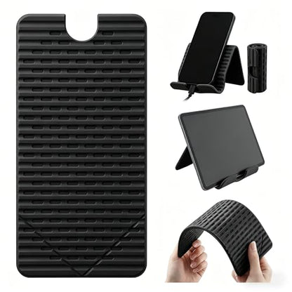 Flexible Silicone Aluminum Phone Holder Tablet Stand with Charging Port Design, Foldable Airplane Laptop/Phone Stand for Home Office Travel (Black) - color: Black
