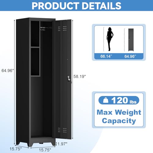 Metal Utility Closet with Hanging Rod,Narrow Broom Closet with Door,Slim Laundry Storage Cabinet for Bathroo,Gym,Living Room,Black - size: 15.75"D x 15.75"W x 64.96"H-Black