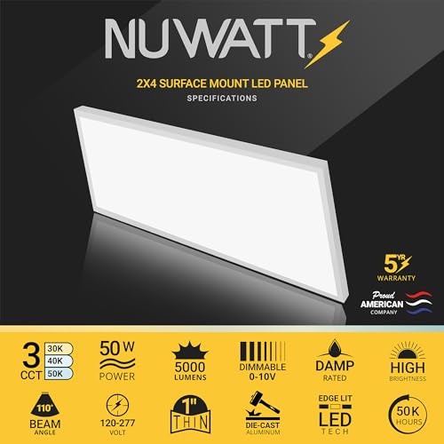 2x4 LED Flat Panel Light Surface Mount 3CCT 3000K-5000K, DLC, 2 Pack | 5500/4400/3300LM Selectable, 50W/40W/30W, 0-10V Dimmable, 120-277V, Durable Aluminum Flat Panel LED Ceiling Light 2 x 4, ETL