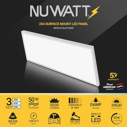 2x4 LED Flat Panel Light Surface Mount 3CCT 3000K-5000K, DLC, 2 Pack | 5500/4400/3300LM Selectable, 50W/40W/30W, 0-10V Dimmable, 120-277V, Durable Aluminum Flat Panel LED Ceiling Light 2 x 4, ETL