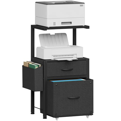 HIGDBFE File Cabinet with 2 Fabric Drawers & Dual Shelves, Black | 2-Tier Printer Storage, Letter File Drawer, Reversible Side Bag, Smooth Drawer Slides, Rolling Support Board Prevent Collapse - color: Black