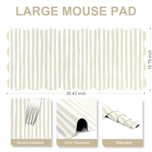 L-SPOUTTO Beige Striped Mouse Pad,Scalloped Desk Mat XXL Large Geometric Gaming Mousepad,35.4x15.7in Non-Slip Rubber Base Keyboard Pad Waterproof Desktop Mat for Laptop Computer Game Home Office - color: Beige Striped
