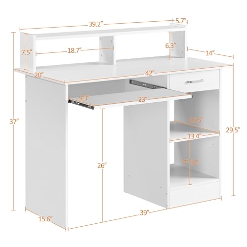 Yaheetech Computer Desk with Keyboard Tray, Drawers, and Shelves, White | This Desk Has a Pull-Out Keyboard Tray, a Drawer, and an Adjustable Open Shelf for Books, Files, and Home Office Supplies. - color: White