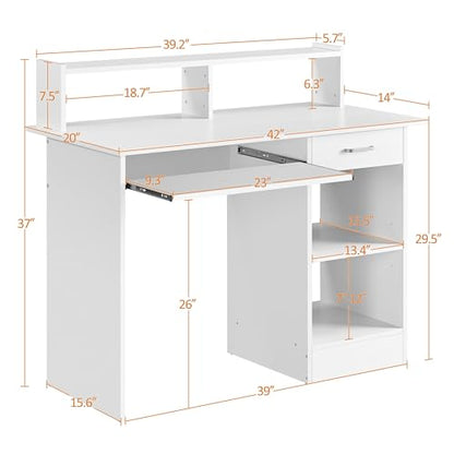 Yaheetech Computer Desk with Keyboard Tray, Drawers, and Shelves, White | This Desk Has a Pull-Out Keyboard Tray, a Drawer, and an Adjustable Open Shelf for Books, Files, and Home Office Supplies. - color: White