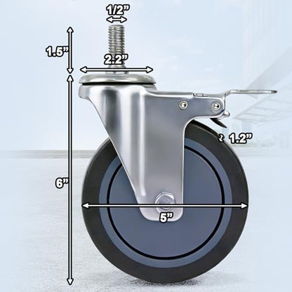 5 Inch Swivel Casters 1/2"-13 x 1.5, TPR Rubber Wheel Set of 4 | Locking Threaded Stem Wheels for wire shelving racks, light and medium duty material handling, carts, equipment - size: 5 Inch - (1/2"-13 x 1.5")