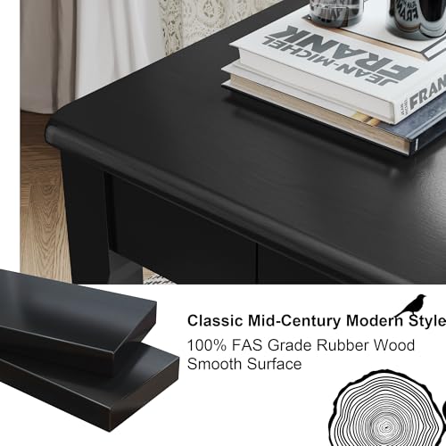 Solid Wood Desk with Drawers - 39 x 16 Inch Simple Narrow Desks, Rubber Wood Study Table, Small Writing Desk for Small Spaces|Bedroom - Modern Black Desks - color: Black, size: 39.4 in W x 15.7 in D