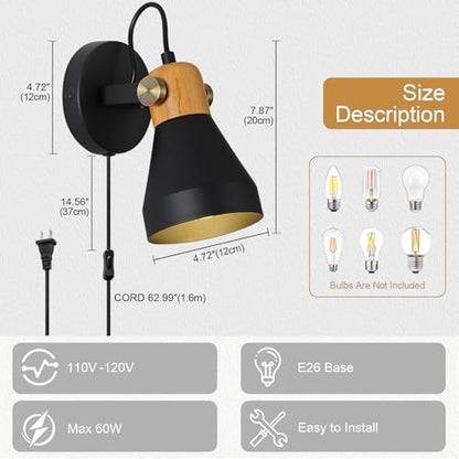 Modern Plug-in Wall Sconces, Matte Black | Adjustable Reading Light, Real Wood Accent, For Bedroom, Living Room, Apartment, Home Office - color: Matte Black+Wood Accent