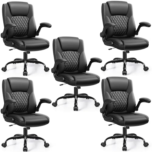 Leather Office Chair, PU Home Computer Desk Chairs with Ergonomic Back Support, 360°Swivel Free，Small Gaming Chair with Wheels and Adjustable Armrests, for Short People Use - color: Black, size: 5 Pack