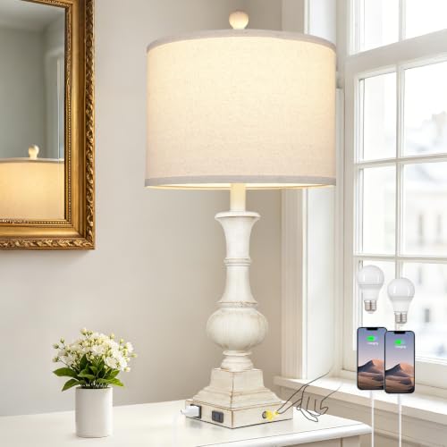 26" Tall Farmhouse Table Lamp for Living Room, Vintage Touch Control Bedside Lamp with USB A/C Charging Ports & AC Outlets, Rustic 3-Way Dimmable Nightstand Lamp for Bedroom End Table Antique White - color: Retro White - 26"H - 1 Pack