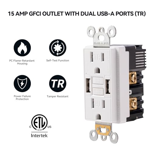 15 Amp GFCI Outlet with Dual USB-A Ports, White, 1-Pack