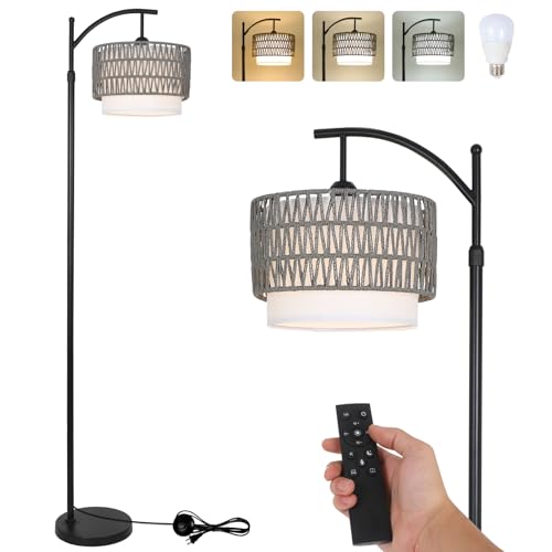 eyassi Floor Lamps for Living Room, Arc Standing Lamp with Remote & Dimmable Bulb, Boho Rattan Floor Lamp for Bedroom with 3 Color Temperatures, Farmhouse Tall Lamp, Height Adjustable Stand up Lamp - style: Rustic-Grey