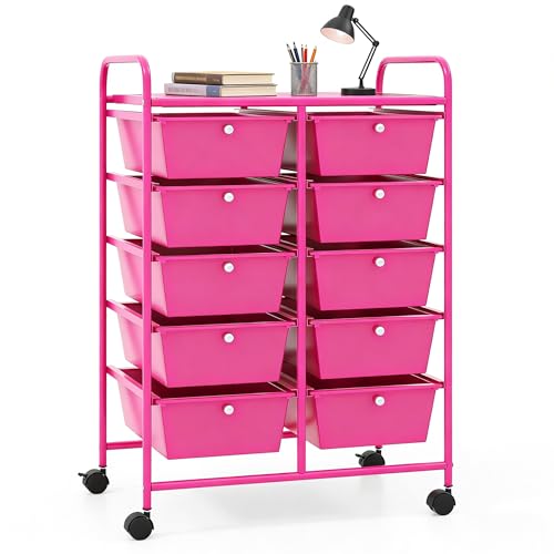 COSTWAY 10 Drawer Rolling Storage Cart, Utility Cart with Lockable Wheels | Mobile Art Supply Craft Organizer with Metal Frame, Multipurpose Drawer Cart for Paper for Office, School, Hot Pink - color: Hot Pink, size: 10 Drawer