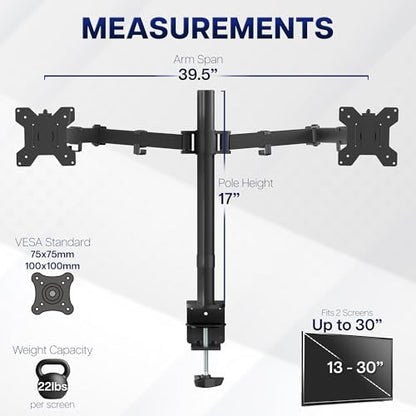 VIVO Dual Ultrawide Monitor Desk Mount, Heavy Duty Fully Adjustable Steel Stand, Holds 2 Computer Screens up to 38 inches and Max 22lbs Each, Black, STAND-V038 - color: Black, size: 13" - 38"