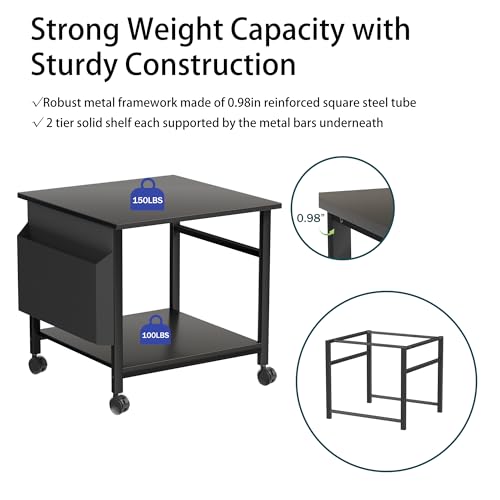 Large Printer Stand, 23.6 x 23.6 Inches Square Printer Stand with Storage Shelf, 2 Tier Printer Table for Home Office, Rolling Printer Cart with Lockable Wheels, Mobile Mini Fridge Stand Table, Black - color: Black