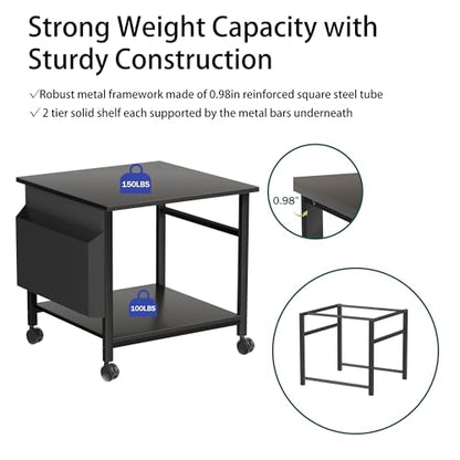 Large Printer Stand, 23.6 x 23.6 Inches Square Printer Stand with Storage Shelf, 2 Tier Printer Table for Home Office, Rolling Printer Cart with Lockable Wheels, Mobile Mini Fridge Stand Table, Black - color: Black