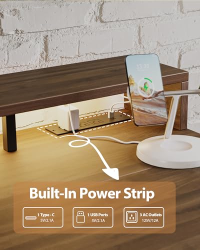 Agilestic 55 * 24 Inch Electric Standing Desk with Shelf & Led, Dark Walnut - color: Led-dark Walnut, size: 55 x 24 Inches with led and power strips