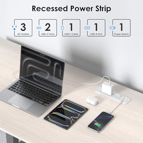 Recessed Power Strip with 60cm Retractable USB C Cable, Flush Mount | Furniture Drawer Outlet kit insert in (4) 20W USB & (3) 15 Amp AC Outlets, Hidden Charging Station for Desktop - color: White