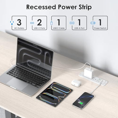 Recessed Power Strip with 60cm Retractable USB C Cable, Flush Mount | Furniture Drawer Outlet kit insert in (4) 20W USB & (3) 15 Amp AC Outlets, Hidden Charging Station for Desktop - color: White