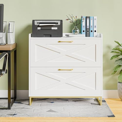 Vabches 2 Drawer Lateral File Cabinet with Charging Station, White and Gold - color: White
