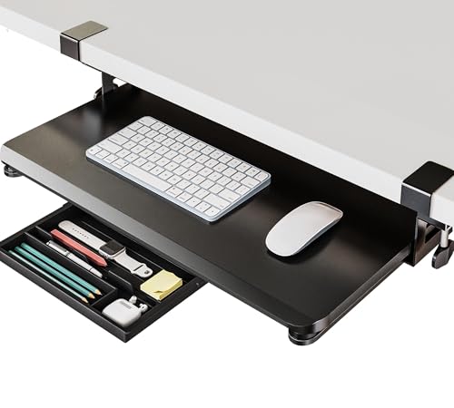 Fenge Keyboard Tray Under Desk with C-Clamp Mount & Drawer, 25.6" x 11.8" | Sliding Keyboard & Mouse Holder for Desk, Large Slide-Out Platform with Storage Drawer for Typing, Black - color: Black