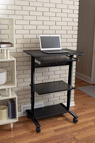 Stand Up Desk Store Mobile Rolling Adjustable Height Standing Workstation with Printer Shelf and Slideout Keyboard Tray (Black Frame/Black Top, 30" Wide) - color: Black/Black