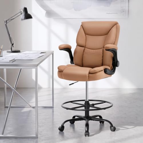 500LBS Drafting Chair, High Back Safer Standing Desk Chair, Executive Tall Office Chair with Flip-up Armrests, Upholstered PU Leather Task Chair, Ergonomic Seat with Adjustable Height&Foot Ring, Brown - color: Brown