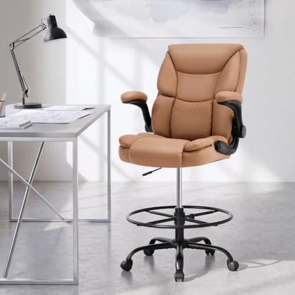 500LBS Drafting Chair, High Back Safer Standing Desk Chair, Executive Tall Office Chair with Flip-up Armrests, Upholstered PU Leather Task Chair, Ergonomic Seat with Adjustable Height&Foot Ring, Brown - color: Brown