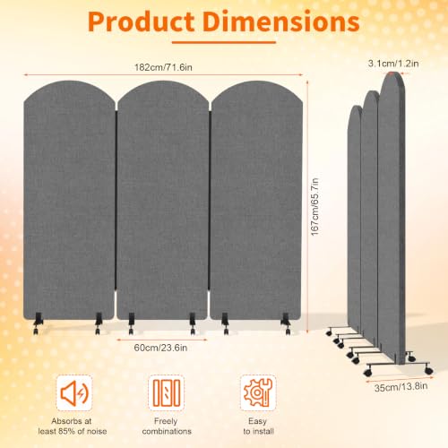 Office Divider Privacy Panel with Wheels, 72 x 66 Inch Freestanding Room Partition Wall, Portable Temporary Wall, 3 Panel Acoustic Screen for Office, Study, Classroom (Arc-Dark Gray) - color: Arc-dark Gray