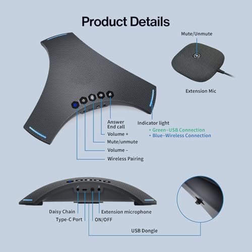 Conference Speaker and Microphone - Bluetooth Speakerphone with Daisy Chain, 360° Omnidirectional Voice Pickup, Echo & Noise Cancellation, Support Wireless Dongle, USB Connection, for Meeting Room