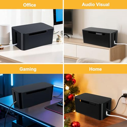 Eichzer Cable Management Box with Lid, Three Entry/Exit Slots, Black | Large Cord Organizer, Plastic Power Strip Cover, Hide Surge Protector on Desk & Floor, for TV Computer Home Router Office