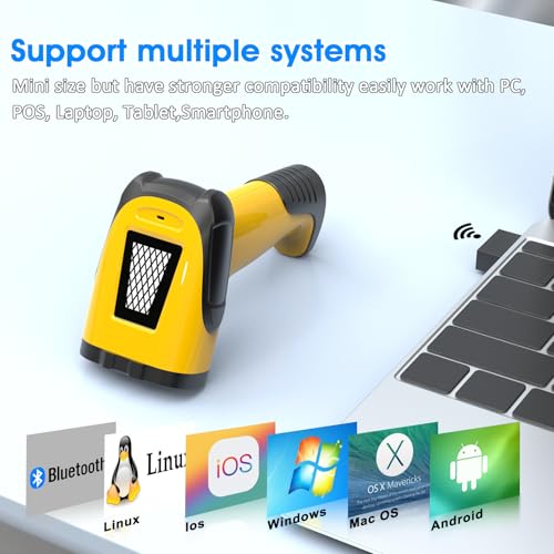 2.4GHz Wireless & Bluetooth Handheld 1D 2D Barcode Scanner, Triple Mode USB Laser Scanning Gun for Android iOS Windows, Retail Warehouse Inventory Management - color: Yellow
