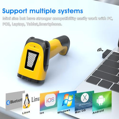 2.4GHz Wireless & Bluetooth Handheld 1D 2D Barcode Scanner, Triple Mode USB Laser Scanning Gun for Android iOS Windows, Retail Warehouse Inventory Management - color: Yellow