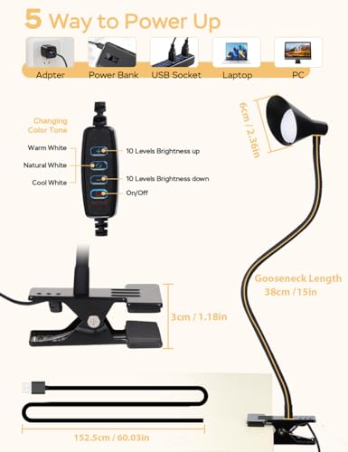 LiFMIRA Clip on Light USB Reading Light Desk Lamp 3 Color Modes Black | 10 Brightness Levels Eye Care Clamp Light Flexible Dimmable Reading Lamp Clip on Lamp for Bed Headboard Desk Bedside Dorm - color: Black
