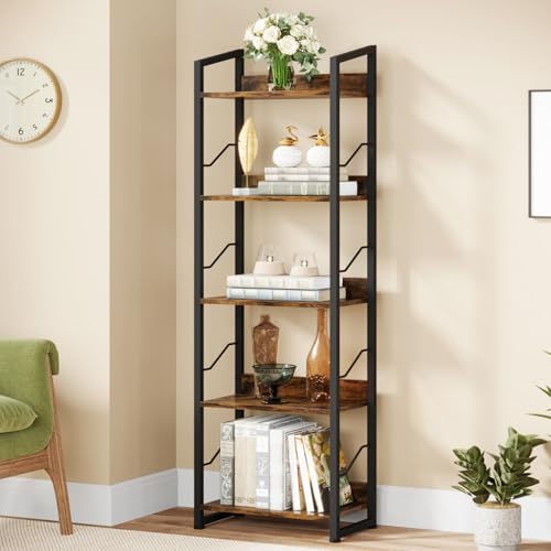 Hosfais 5 Tier Tall Bookshelf: Industrial Wood Book Shelf with Edge Protection Metal Narrow Bookshelf Bookcase Storage Organizer Display Rack for Living Room Home Office (Rustic Brown) - color: Rustic Brown