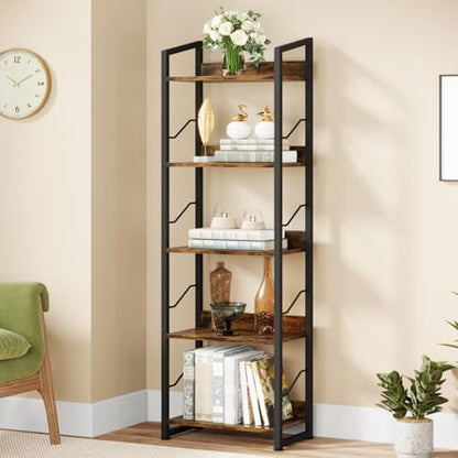 Hosfais 5 Tier Tall Bookshelf: Industrial Wood Book Shelf with Edge Protection Metal Narrow Bookshelf Bookcase Storage Organizer Display Rack for Living Room Home Office (Rustic Brown) - color: Rustic Brown