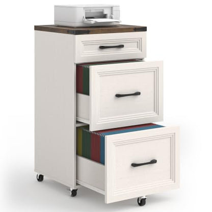3 Drawers Farmhouse File Cabinet with Wheels for Home Office, Rustic White - color: White and Brown, size: Big 3 Drawers