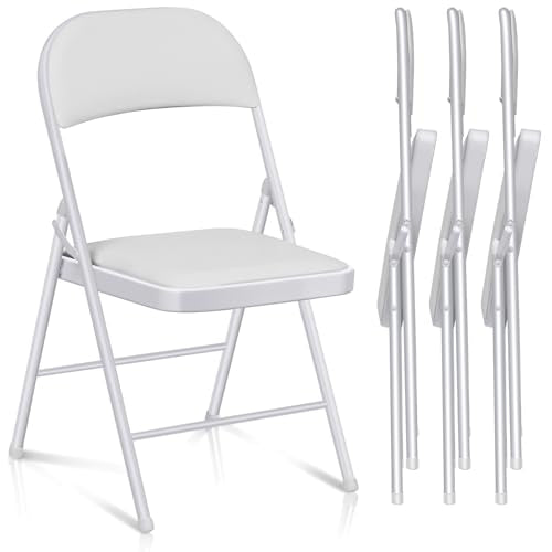 Fenbeli 4 Pack Padded Folding Chairs with Cushion, White PU Leather Foldable Chairs for Family Dining, Card & Game Nights, 330-Pound Heavy-Duty Steel Frame, Auto-Lock Hinge, Wipe-Clean, Folds Flat - color: White, size: Set of 4