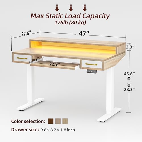 TIQLAB Standing Desk with Two Drawers, Stand Up Standing Desk Adjustable Height, Electric Sit Stand Table with Storage Shelf and Splice Board, with LED Light, 47 * 28 inch, Maple - color: Maple, size: 47*28 inch with keyboard tray