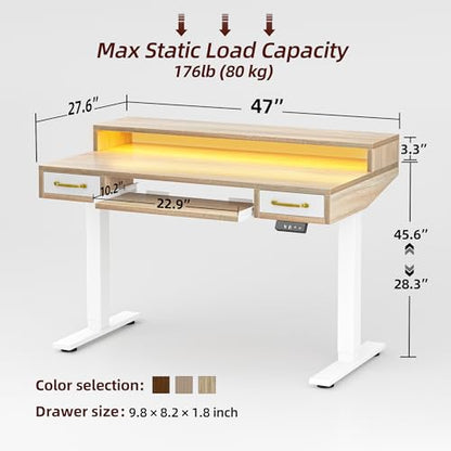 TIQLAB Standing Desk with Two Drawers, Stand Up Standing Desk Adjustable Height, Electric Sit Stand Table with Storage Shelf and Splice Board, with LED Light, 47 * 28 inch, Maple - color: Maple, size: 47*28 inch with keyboard tray