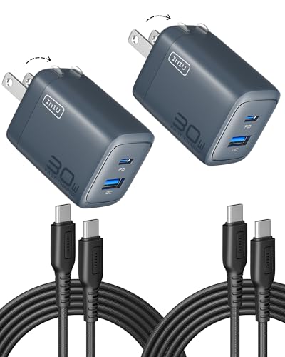 INIU Mini USB C Charger, 30W GaN Fast Charging ETL Certified Wall Adapter Block with Samrt Phone Protection, Dual Port with 5ft Type C Cable for iPhone 17 iPad Samsung Google Switch etc [2-Pack Blue] - color: Blue, size: 2 Packs + 2 Cables