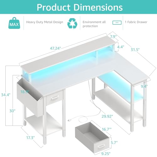 Lufeiya White L Shaped Gaming Desk with Fabric Drawers and Storage Shelves, 47 inch Home Office Desk with Monitor Stand, Computer Desk with LED Lights and Power Outlets, White - color: White