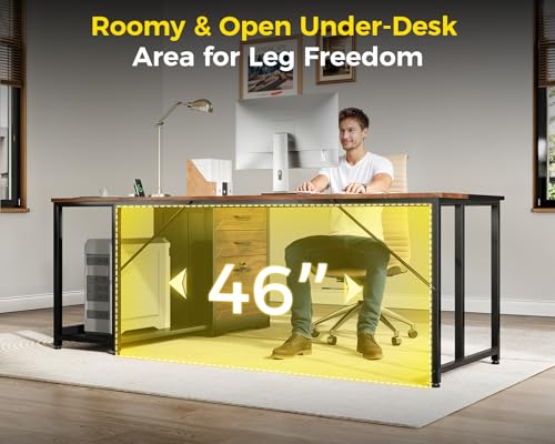 AODK 61" L Shaped Office Desk, Wood Drawers & Lockable File Cabinet, Walnut | Reversible, 21.7" Deep Desktop, 3 Outlets & 2 USB Ports, Engineered Wood & Steel Frame, Legal Storage - size: 61 Inch